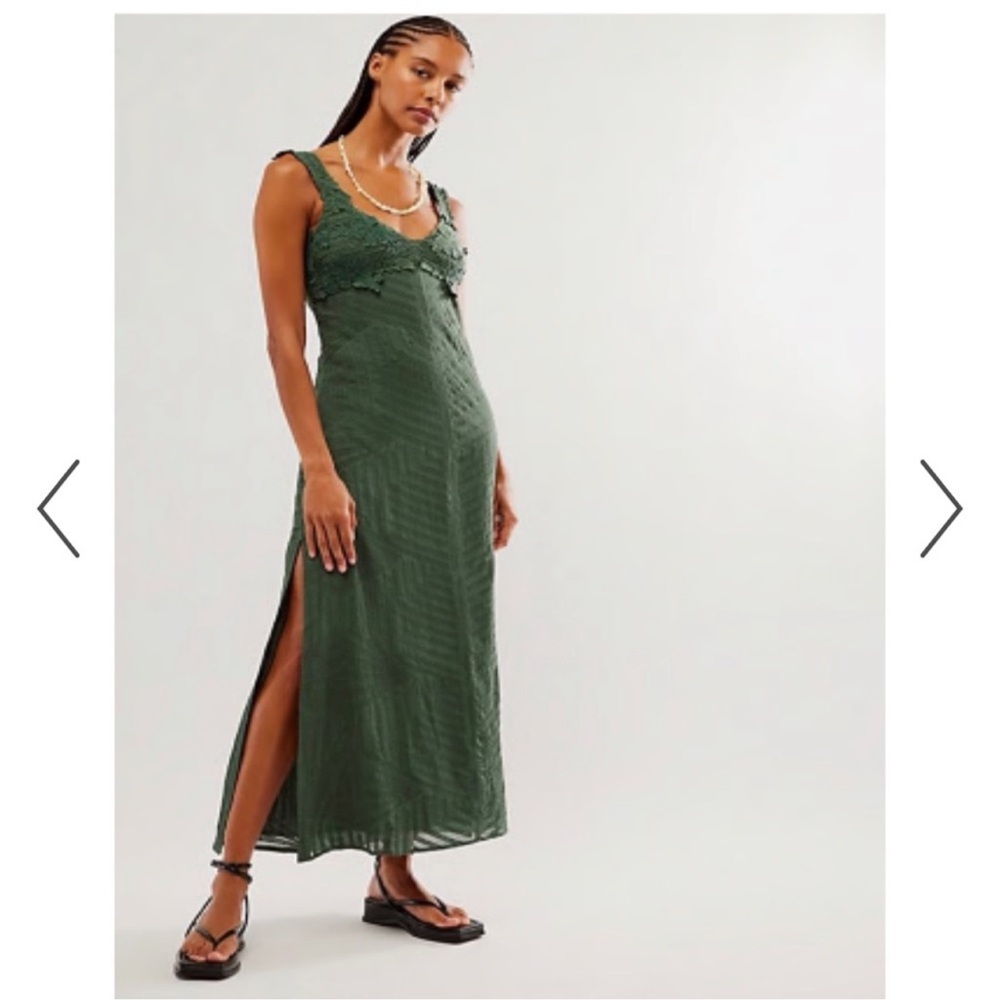Free People Green Boho Maxi Dress Lace Bodice Side Slit Flowy Size Small